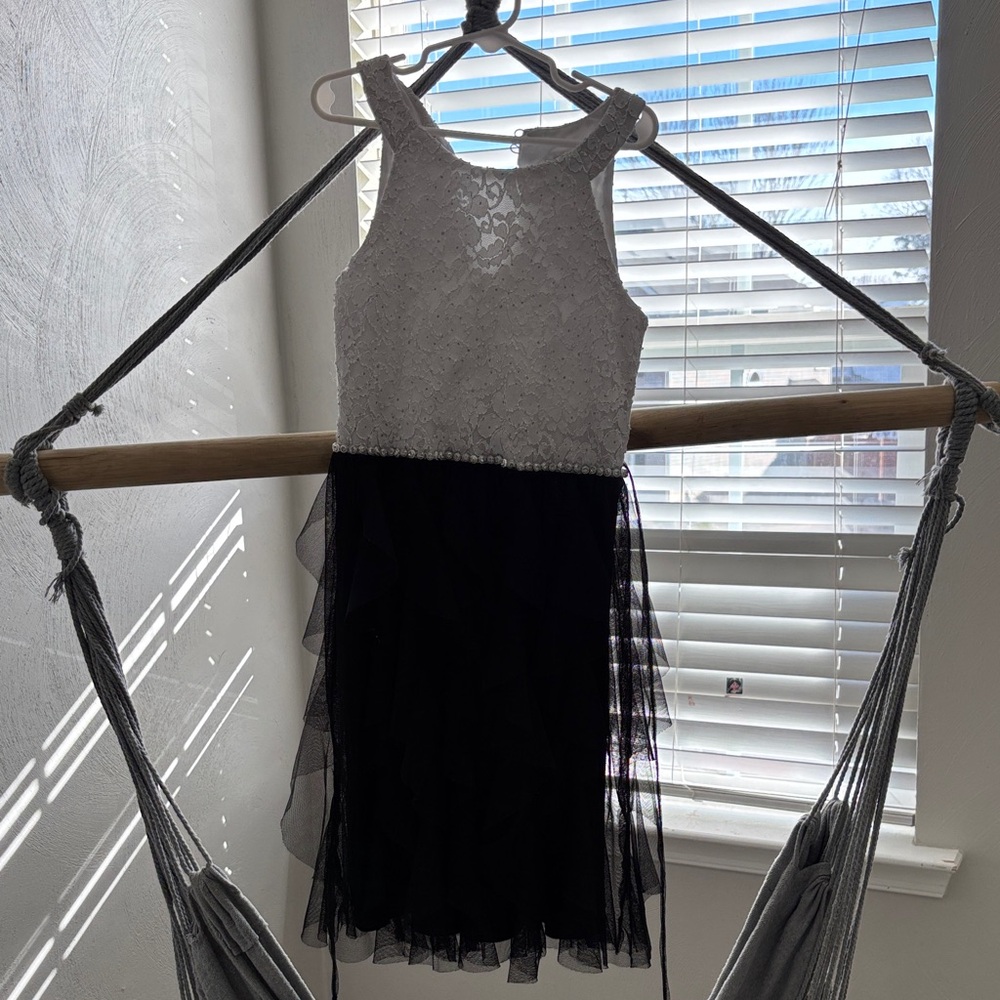 Speechless White Lace and Black Tulle Kids Dress